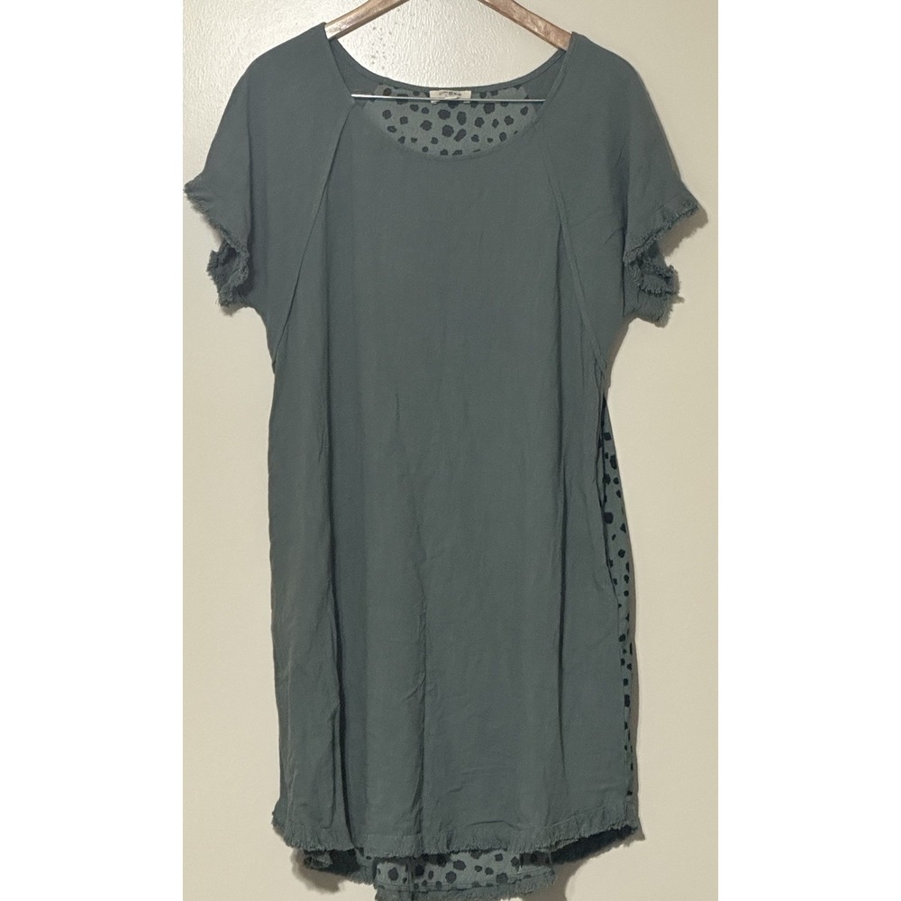 Umgee Women's Boho Dress Olive Green Dalmatian Print High Low Short Sleeve Sz L